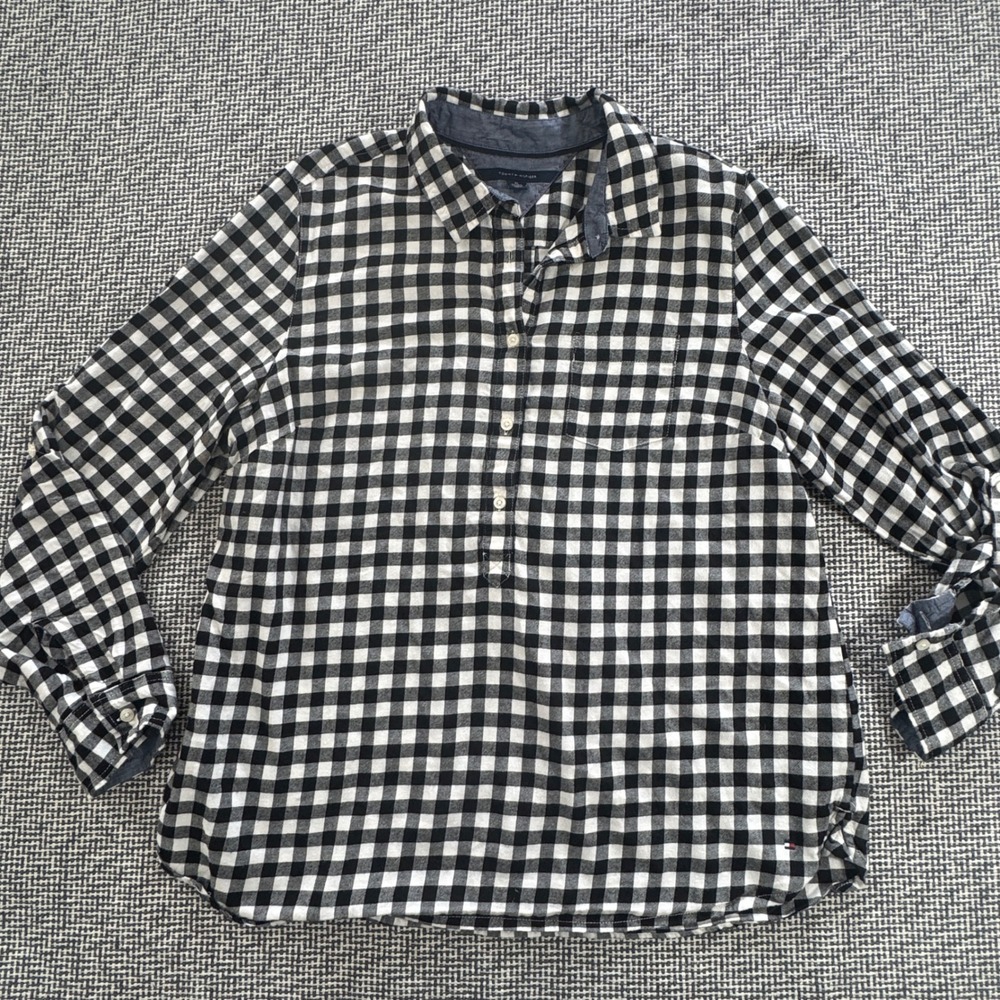 Tommy Hilfiger Womens XL Black White Gingham Check Long Sleeve Flannel Shirt